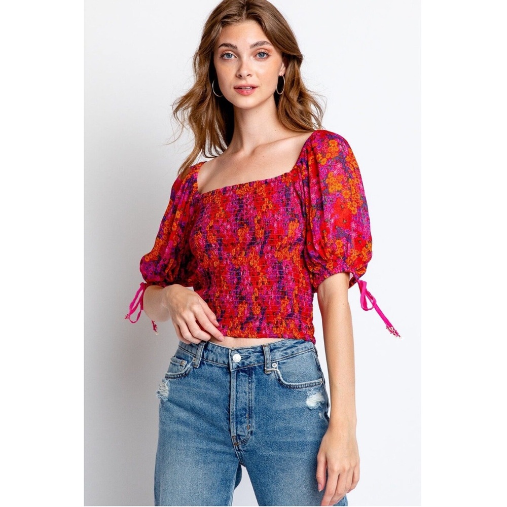 NWT Free People Back On Top Hot Pink Floral Print Smocked Blouse Puff Sleeve Top